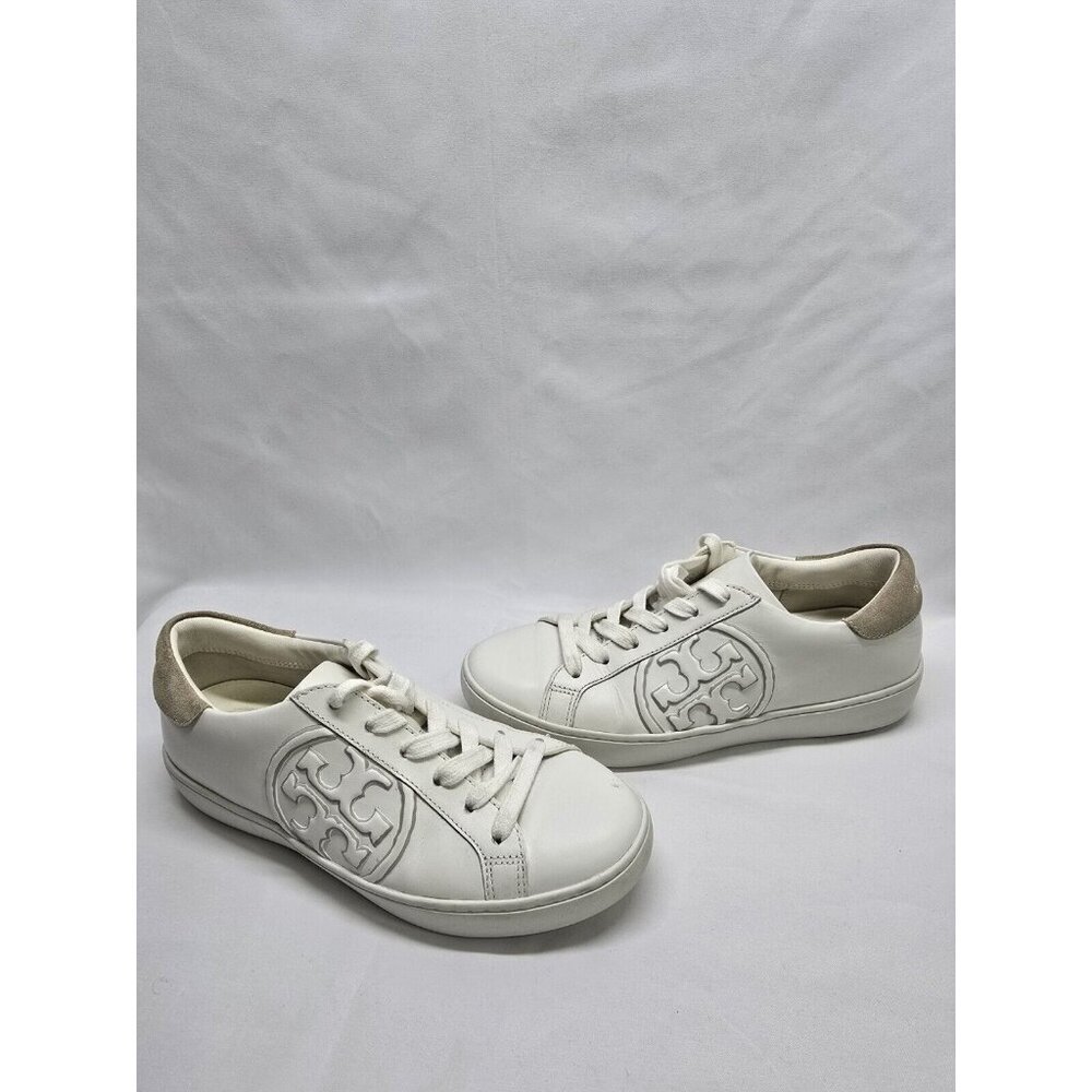Tory Burch T Logo White Leather Printed  Sneakers Women’s 6.5 Side Logo Shoes